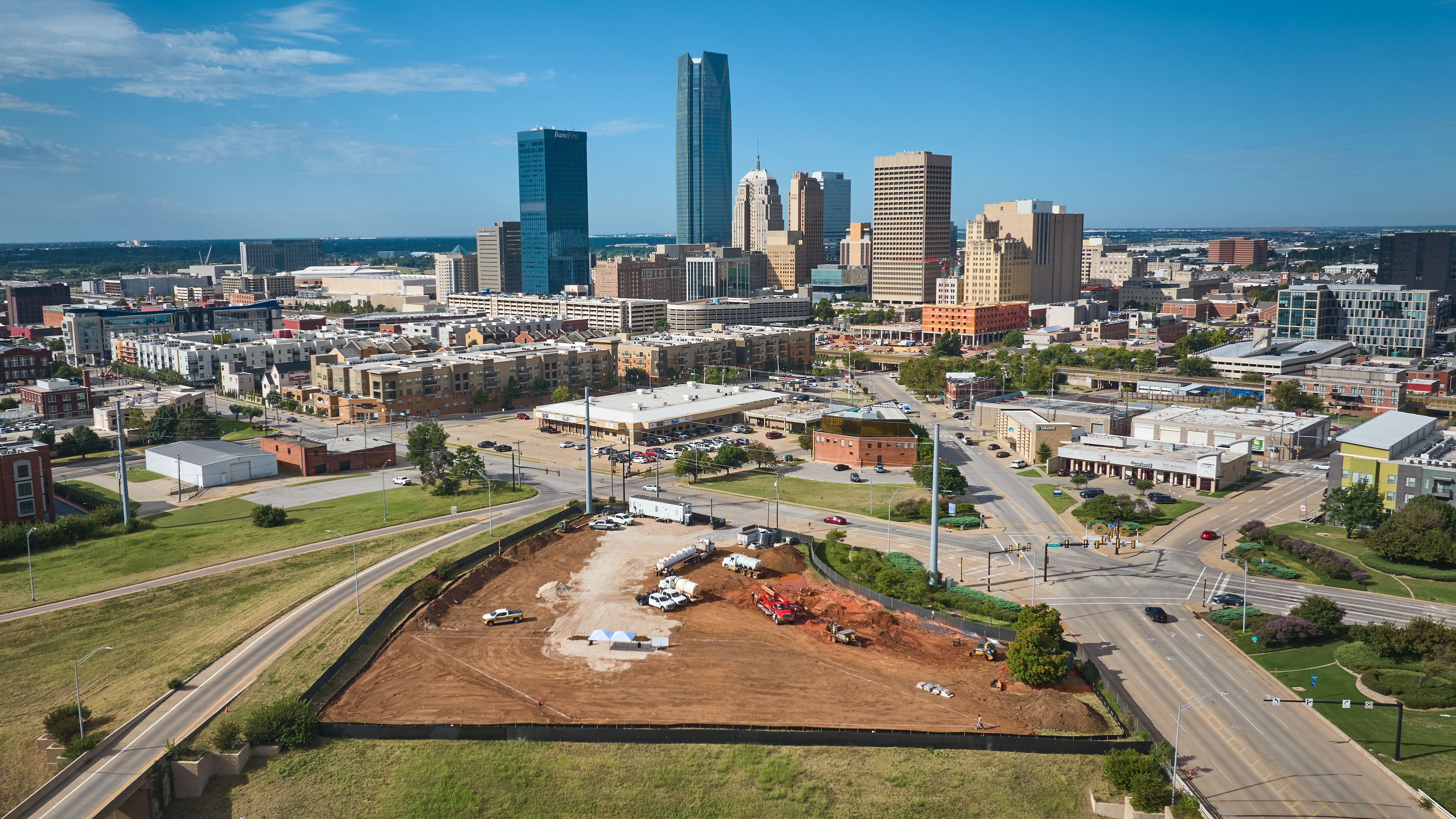 Aerial view of Berry Rock Building site at 616 N. Walnut Ave with Oklahoma City downtown skyline in background